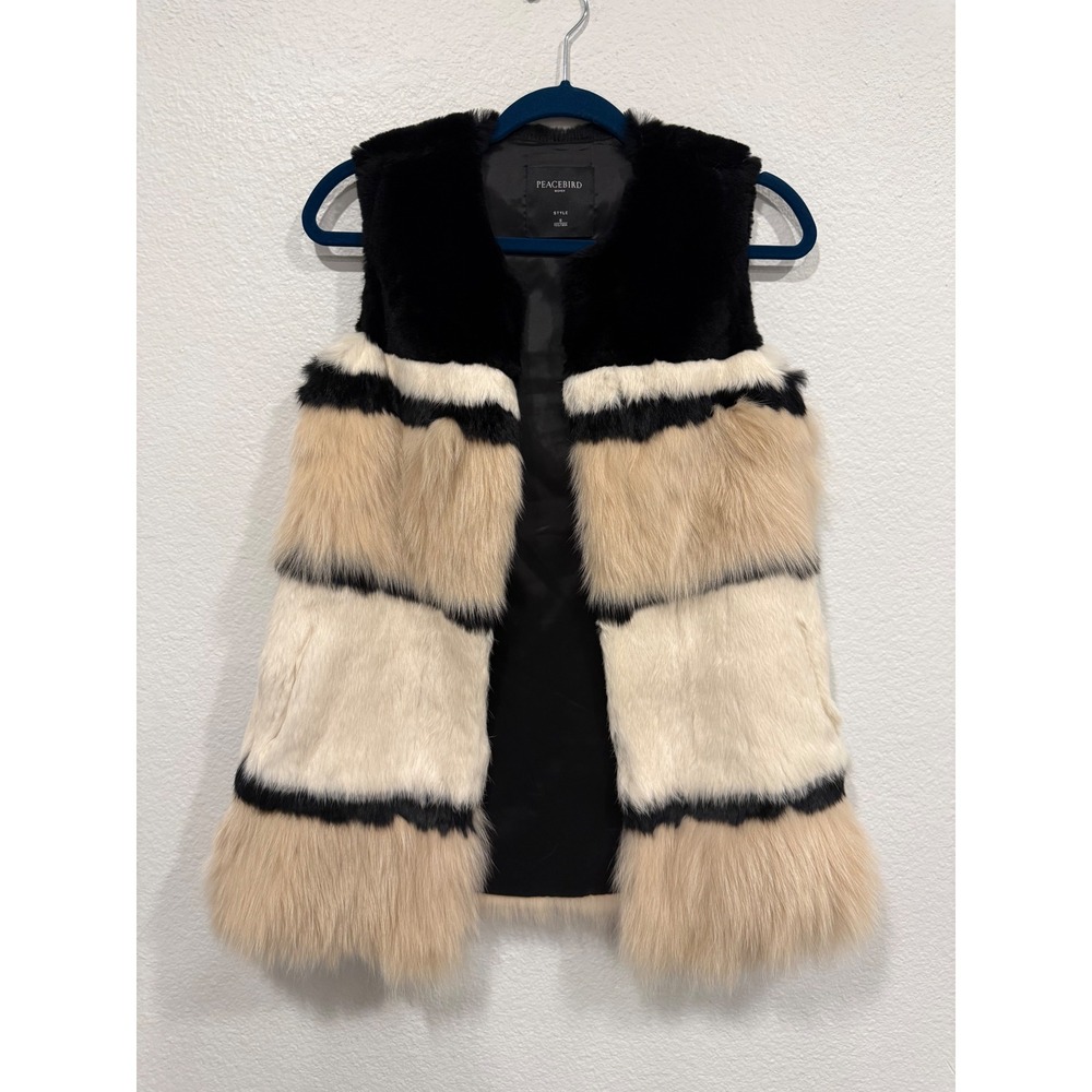 Peacebird Rabbit and Fox Fur Vest Black Tan Cream Small